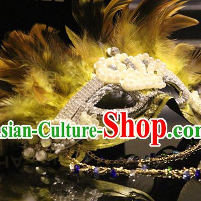 Handmade Costume Party Yellow Feather Blinder Baroque Princess Headpiece Brazil Carnival Golden Mask Halloween Cosplay Pearls Face Mask
