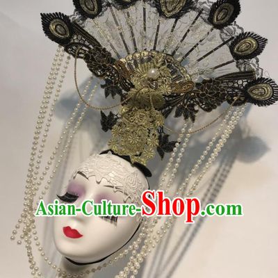 China Court Black Lace Fan Hair Clasp Catwalks Deluxe Headdress Handmade Bride Fashion Headwear Qipao Show Pearls Tassel Hair Crown