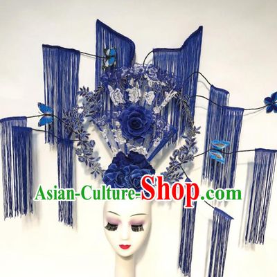 China Qipao Show Blue Flowers Hair Crown Court Lace Fan Hair Clasp Catwalks Deluxe Tassel Headdress Handmade Bride Fashion Headwear