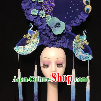China Handmade Bride Fashion Headwear Qipao Show Peacock Hair Crown Court Purple Fan Hair Clasp Catwalks Deluxe Tassel Headdress