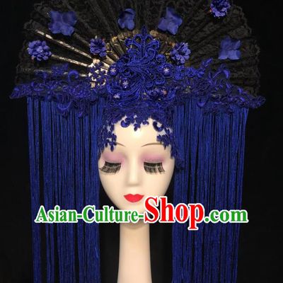 China Court Blue Tassel Hair Clasp Qipao Catwalks Deluxe Headdress Handmade Bride Fashion Headwear Stage Show Black Lace Fan Hair Crown