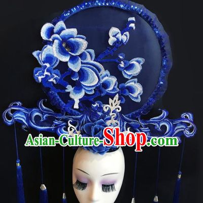 China Stage Show Embroidered Mangnolia Hair Crown Court Blue Tassel Hair Clasp Qipao Catwalks Deluxe Headdress Handmade Bride Fashion Headwear