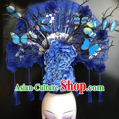 China Qipao Catwalks Fashion Headdress Handmade Bride Deluxe Headwear Stage Show Blue Peony Hair Crown Court Lace Fan Hair Clasp