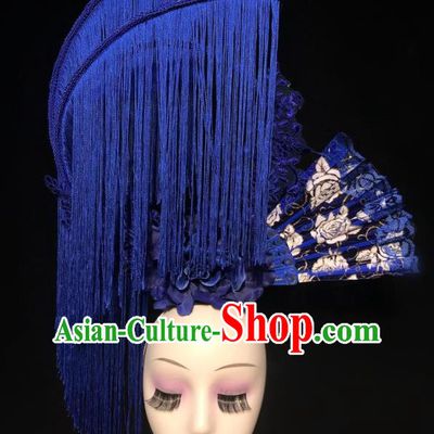 China Court Fan Hair Clasp Qipao Catwalks Fashion Headdress Handmade Bride Deluxe Tassel Headwear Stage Show Blue Hair Crown