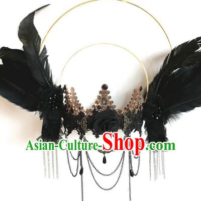 Top Cosplay Goddess Hair Accessories Halloween Catwalks Royal Crown Carnival Parade Headdress Baroque Black Feather Wings Hair Clasp