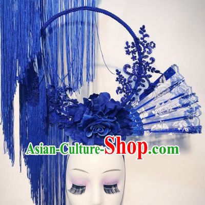 China Stage Show Blue Peony Hair Crown Court Fan Hair Clasp Qipao Catwalks Fashion Headdress Handmade Bride Deluxe Tassel Headwear