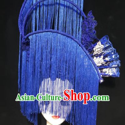China Handmade Bride Deluxe Tassel Headwear Stage Show Hair Crown Court Blue Fan Hair Clasp Qipao Catwalks Fashion Headdress