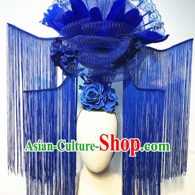 China Qipao Catwalks Fashion Headdress Handmade Bride Deluxe Tassel Headwear Stage Show Hair Crown Court Blue Feather Fan Hair Clasp