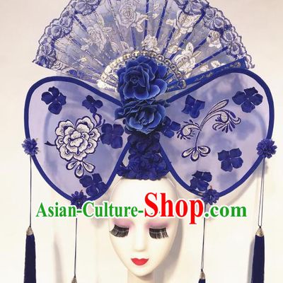 China Court Blue Lace Fan Hair Clasp Qipao Catwalks Headdress Handmade Bride Fashion Headwear Stage Show Tassel Hair Crown