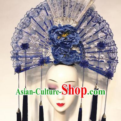 China Stage Show Tassel Hair Crown Court Blue Peony Fan Hair Clasp Qipao Catwalks Headdress Handmade Bride Lace Fashion Headwear