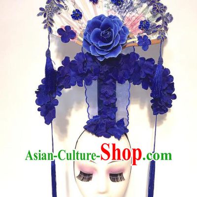 China Handmade Bride Blue Flowers Fashion Headwear Stage Show Hair Crown Court Fan Hair Clasp Qipao Catwalks Tassel Headdress