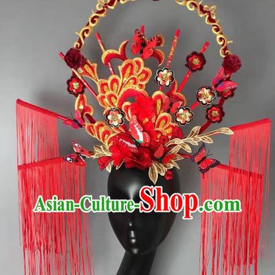 China Qipao Catwalks Tassel Headdress Handmade Bride Fashion Headwear Stage Show Embroidered Red Hair Crown Court Tassel Hair Clasp