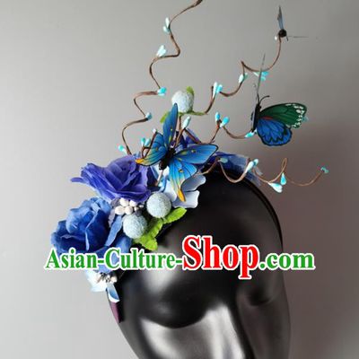 Top Baroque Blue Butterfly Flowers Hair Clasp Cosplay Fairy Hair Accessories Halloween Catwalks Royal Crown Princess Headdress