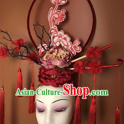 China Handmade Wedding Fashion Headwear Stage Show Tassel Hair Crown Court Peony Flowers Hair Clasp Qipao Catwalks Bride Headdress