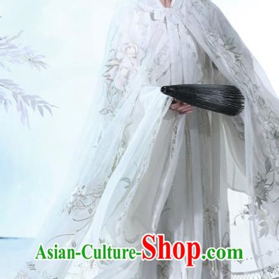 China Ancient Goddess Embroidered White Hanfu Cape Garment Jin Dynasty Court Beauty Cloak Historical Clothing