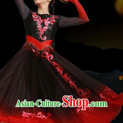 China Uygur Nationality Stage Performance Clothing Xinjiang Ethnic Dance Garments Uyghur Minority Folk Dance Black Dress