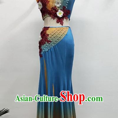 China Ethnic Female Peacock Dance Garments Yunnan Minority Folk Dance Blue Dress Dai Nationality Stage Performance Clothing