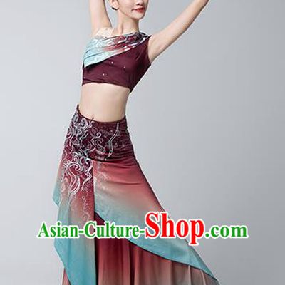 China Ethnic Female Peacock Dance Garments Yunnan Minority Folk Dance Wine Red Dress Dai Nationality Stage Performance Clothing