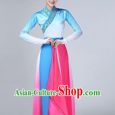 Top Chinese Woman Fan Dance Garment Costume Traditional Stage Performance Clothing Classical Umbrella Dance Blue Dress