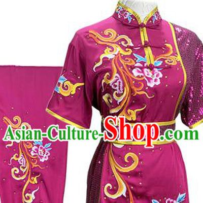 Chinese Kung Fu Garment Costumes Martial Arts Embroidered Peony Purple Outfits Wushu Competition Clothing
