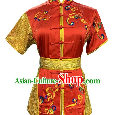 Chinese Martial Arts Wushu Embroidered Red Outfits Kungfu Competition Clothing Kung Fu Training Garment Costumes