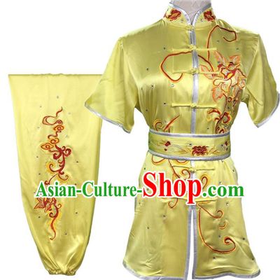 Chinese Kung Fu Training Garment Costumes Martial Arts Wushu Embroidered Peony Yellow Outfits Kungfu Competition Short Sleeve Clothing