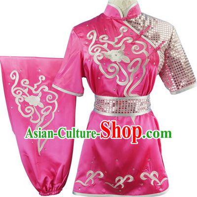 Chinese Martial Arts Wushu Embroidered Peony Rosy Silk Outfits Kungfu Competition Clothing Chang Boxing Training Garment Costumes
