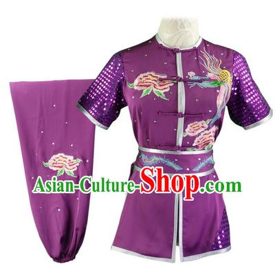 Chinese Martial Arts Embroidered Phoenix Peony Purple Outfits Kungfu Wushu Clothing Chang Boxing Competition Garment Costumes