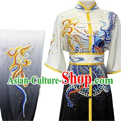 Top China Martial Arts Competition Clothing Kung Fu Embroidered Dragon Gradient Grey Uniforms Wushu Performance Garment Costumes