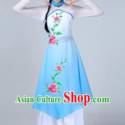 Top Chinese Woman Umbrella Dance Garment Costume Traditional Court Stage Performance Clothing Classical Dance Blue Dress