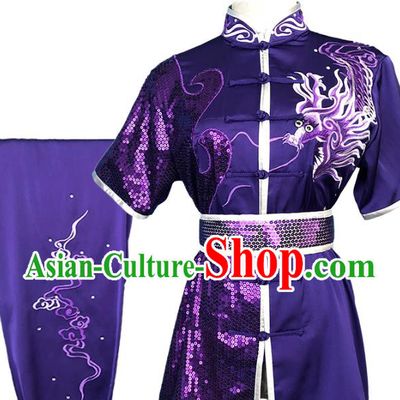 Top Chinese Kung Fu Garment Costume Traditional Martial Arts Competition Clothing Wushu Performance Embroidered Dragon Purple Outfits