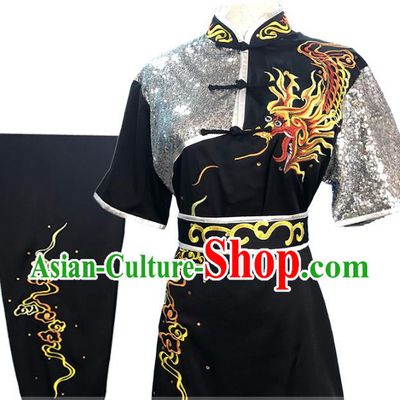 Top Chinese Wushu Performance Embroidered Dragon Black Outfits Kung Fu Garment Costume Traditional Martial Arts Competition Clothing