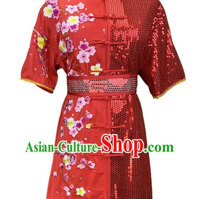 China Female Kung Fu Clothing Martial Arts Embroidered Plum Red Uniforms Wushu Competition Garment Costume