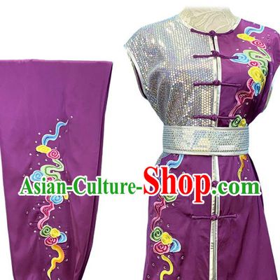 Top Chinese Southern Boxing Performance Embroidered Cloud Purple Outfits Wushu Kung Fu Garment Costume Martial Arts Competition Clothing