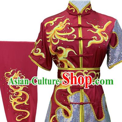 China Martial Arts Embroidered Wine Red Uniforms Wushu Competition Garment Costume Female Kung Fu Clothing