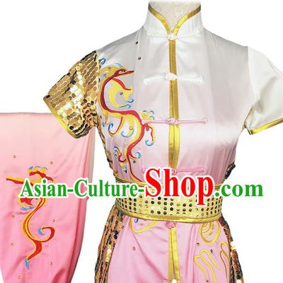 China Wushu Competition Garment Costume Woman Kung Fu Performance Clothing Martial Arts Embroidered Dragon Gradient Pink Uniforms
