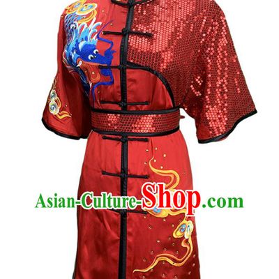 Top Chinese Martial Arts Embroidered Dragon Red Outfits Kung Fu Wushu Performance Clothing Southern Boxing Competition Garment Costumes