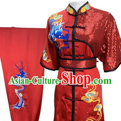 Top Chinese Southern Boxing Embroidered Dragon Outfits Kung Fu Competition Red Garment Costumes Martial Arts Wushu Performance Clothing