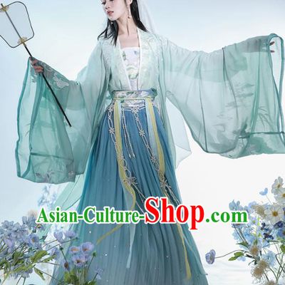 China Tang Dynasty Palace Princess Historical Clothing Ancient Court Lady Embroidered Green Dress Traditional Hanfu Garments