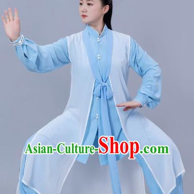 Chinese Tai Chi Performance Clothing Woman Tai Ji Competition Garments Martial Arts Three Pieces Blue Outfits