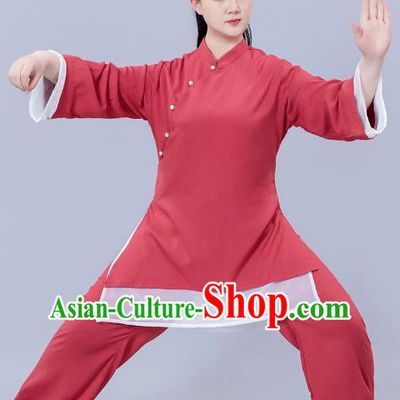 Chinese Martial Arts Competition Red Flax Outfits Tai Chi Performance Clothing Woman Tai Ji Training Garments