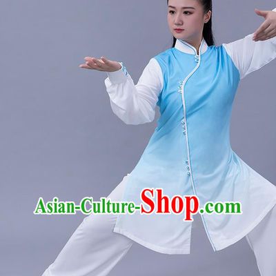 Chinese Shadowboxing Competition Blue Slant Opening Outfits Woman Tai Chi Chuan Performance Clothing Martial Arts Tai Ji Training Garments
