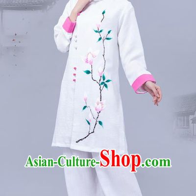 Chinese Martial Arts Tai Ji Training Garments Shadowboxing Competition White Outfits Woman Tai Chi Chuan Painting Mangnolia Clothing