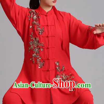 Chinese Martial Arts Embroidered Sequins Red Garments Tai Ji Competition Outfits Kung Fu Tai Chi Training Clothing