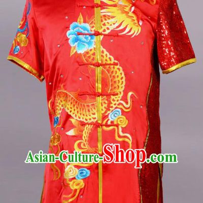 Top China Martial Arts Competition Clothing Kung Fu Embroidered Apparels Cudgel Play Performance Garment Costumes Southern Boxing Red Uniforms