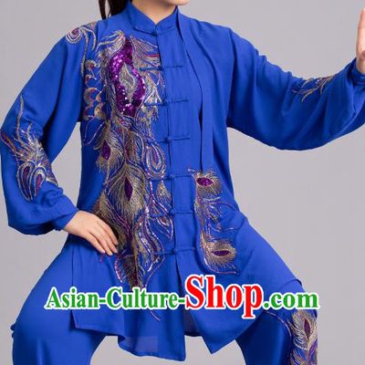 Chinese Kung Fu Tai Chi Performance Clothing Martial Arts Embroidered Sequins Peacock Royalblue Garments Tai Ji Competition Outfits