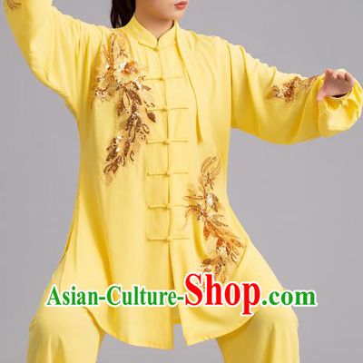 Chinese Tai Ji Competition Yellow Outfits Kung Fu Tai Chi Performance Clothing Martial Arts Embroidered Sequins Garments