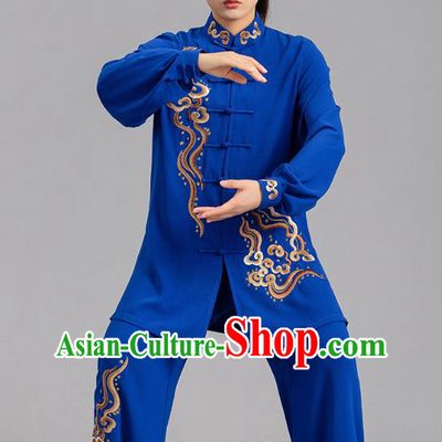 Chinese Martial Arts Embroidered Clouds Garments Tai Ji Competition Royalblue Outfits Kung Fu Tai Chi Performance Clothing
