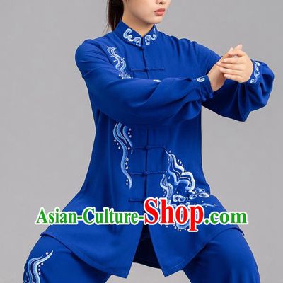 Chinese Martial Arts Kung Fu Competition Garments Tai Ji Embroidered Clouds Royalblue Outfits Tai Chi Performance Clothing