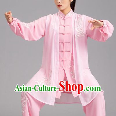 Chinese Tai Ji Embroidered Clouds Pink Outfits Tai Chi Performance Clothing Martial Arts Kung Fu Competition Garments